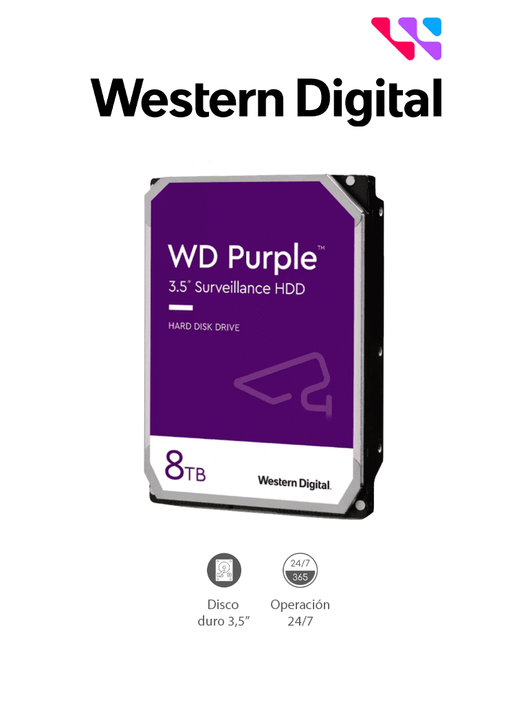 WESTERN DIGITAL WD85PURZ - Disco Duro de 8 TB Purple/ Especial para Videovigilancia/ Trabajo 24/7/ Interface: Sata 6 Gb/s/ Hasta 64 Cámaras/ Hasta 16 Bahías de Discos Duros